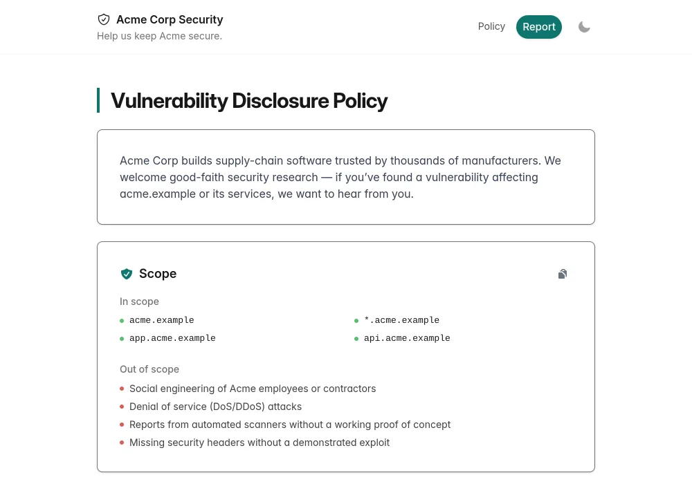 Published vulnerability disclosure policy page with program scope and safe harbor terms