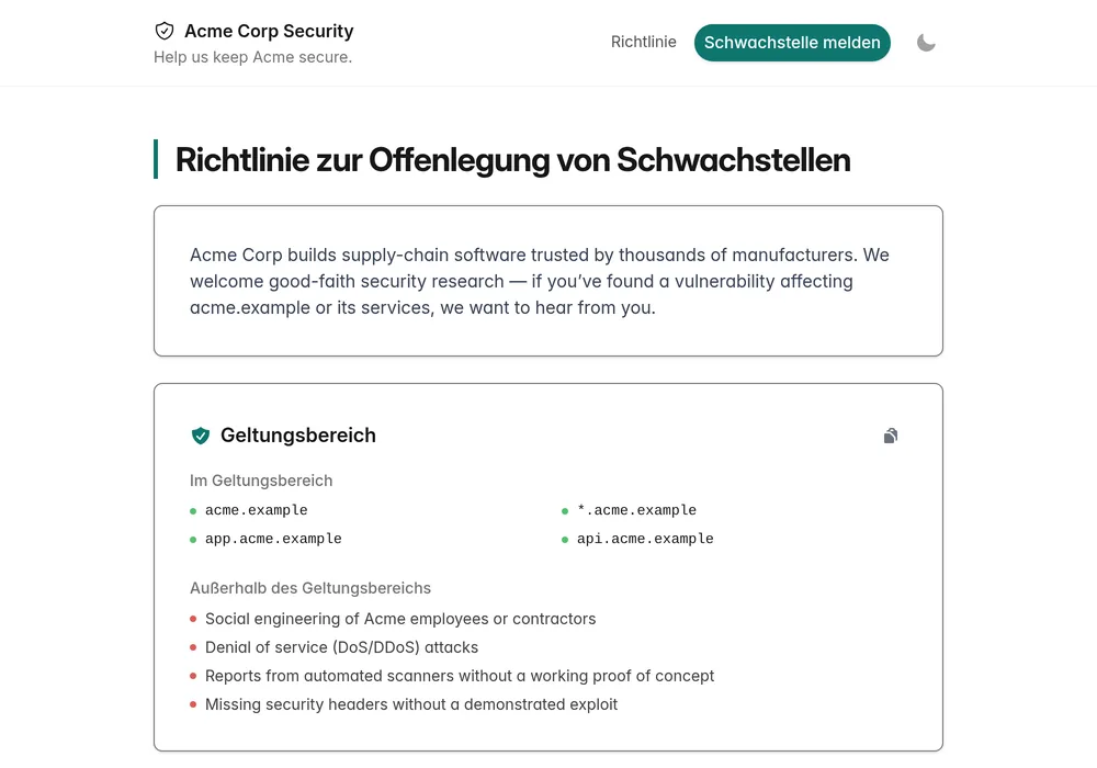 Veröffentlichte Offenlegungsrichtlinie mit dem Geltungsbereich des Programms und Safe-Harbor-Bedingungen
