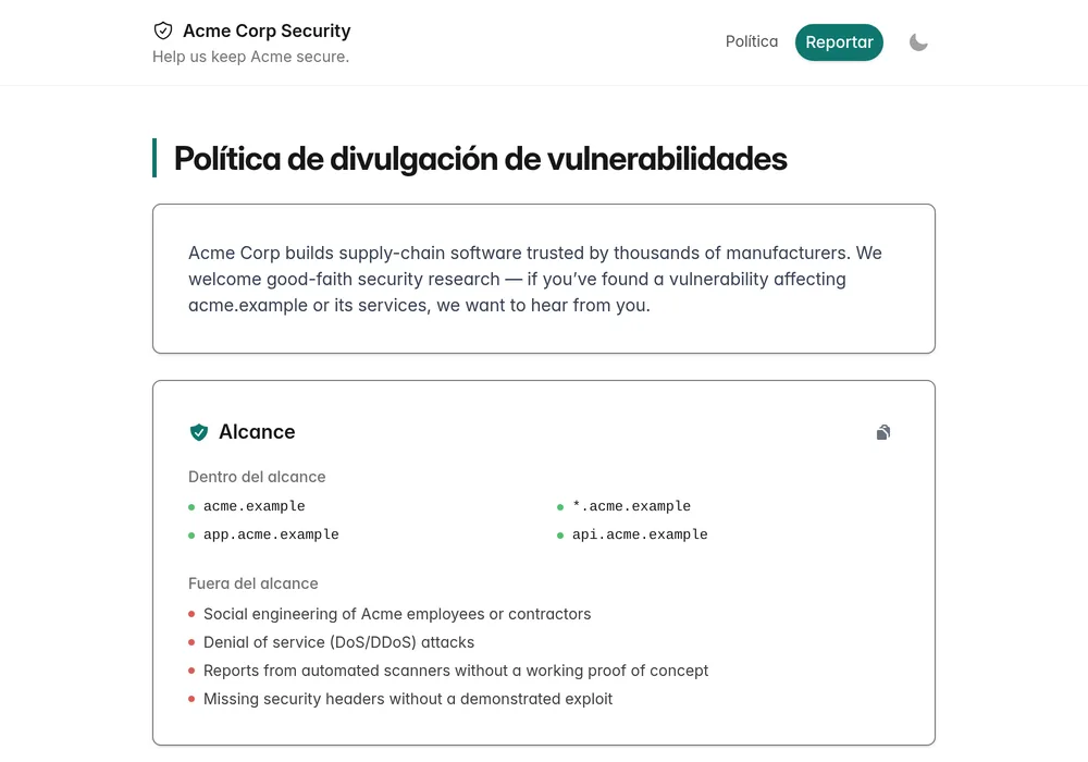 Página de la política de divulgación de vulnerabilidades publicada, con el alcance del programa y las condiciones de puerto seguro