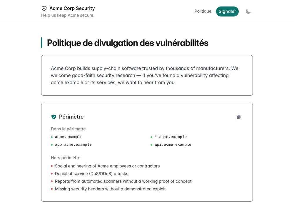 Page publiée de la politique de divulgation des vulnérabilités, avec le périmètre du programme et les clauses de sphère de sécurité (Safe Harbor)