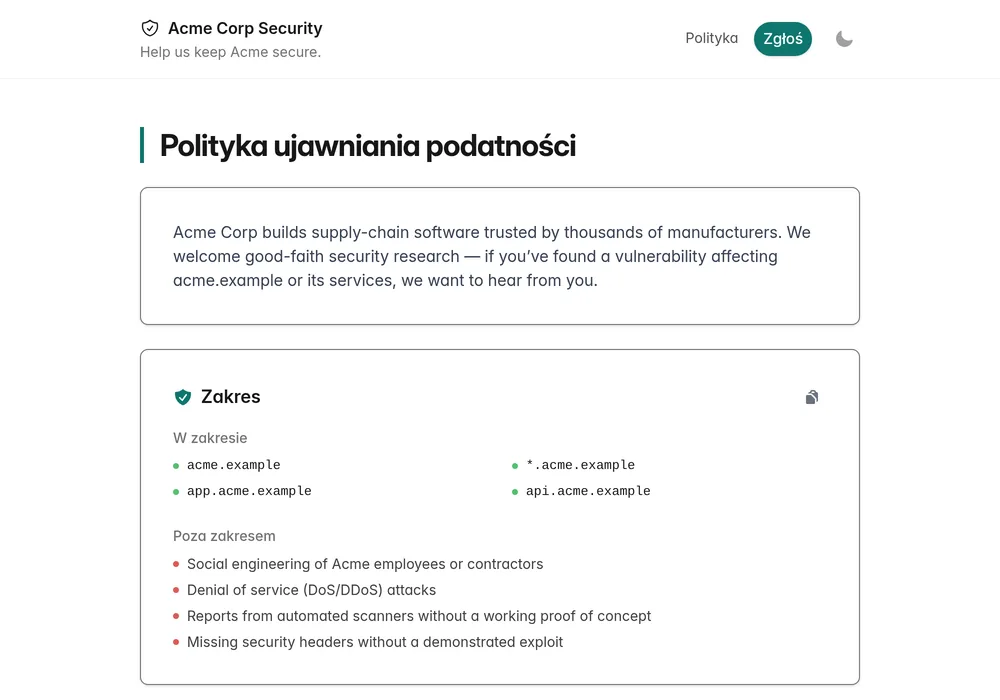 Opublikowana strona polityki ujawniania podatności z zakresem programu i warunkami safe harbor