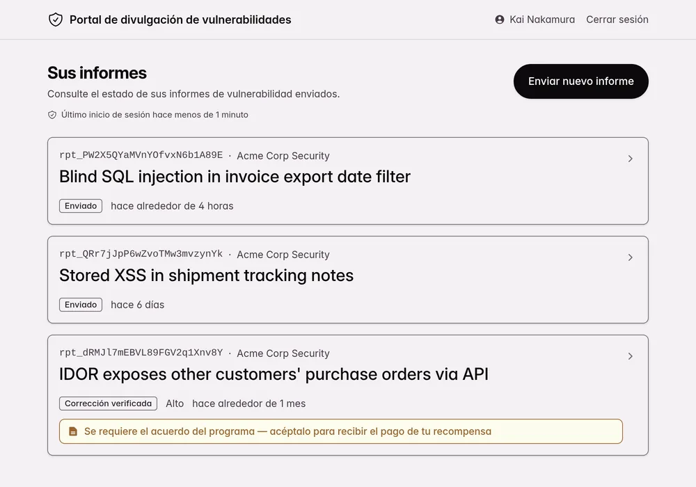 Lista de informes enviados por el investigador, con el estado y la severidad de cada uno