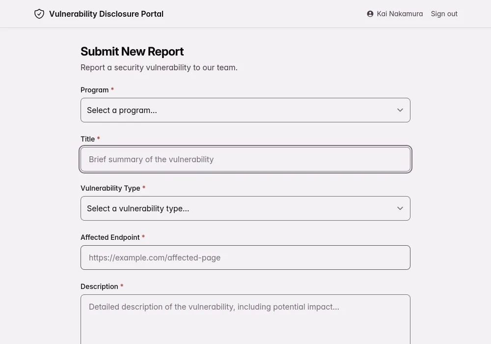 Vulnerability report form on a branded researcher portal with title, severity, and proof-of-concept fields
