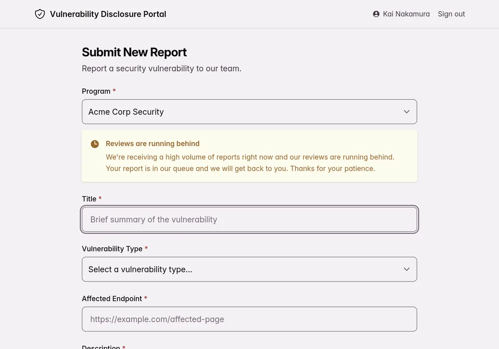 Vulnerability report form on a branded researcher portal with title, severity, and attachment fields