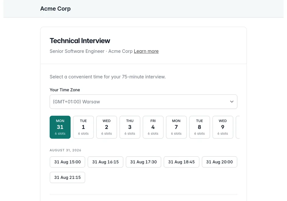 Candidate choosing an interview time from the hiring team's real availability