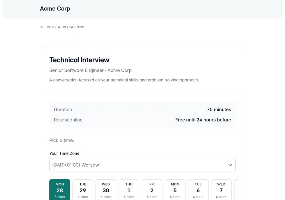 Candidate choosing an interview time from the hiring team's open slots