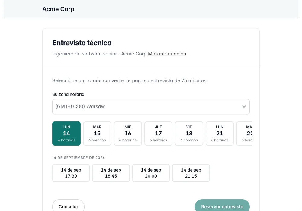 Un candidato elige en el portal una hora disponible para la entrevista