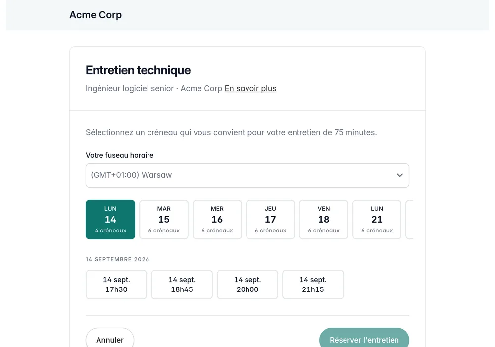 Un candidat choisit un créneau d’entretien disponible dans le portail