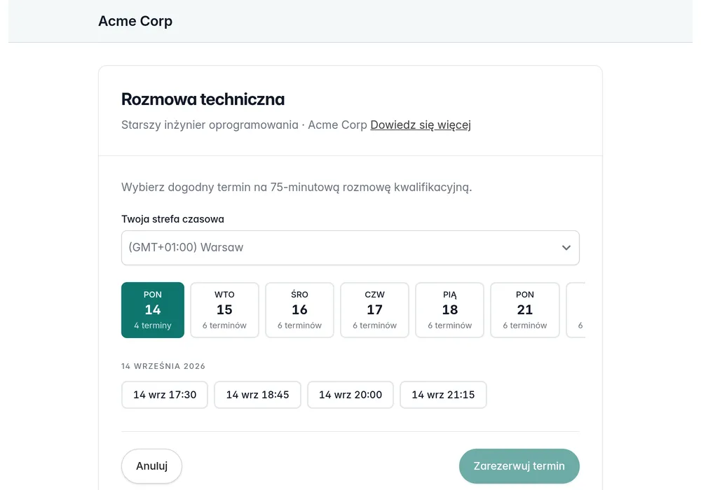 Portal kandydata z wolnymi terminami rozmowy do wyboru.