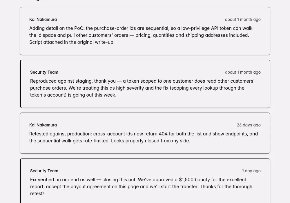Message thread on a vulnerability report, the security researcher and the team replying in turn, ending with a $1,500 bounty approved
