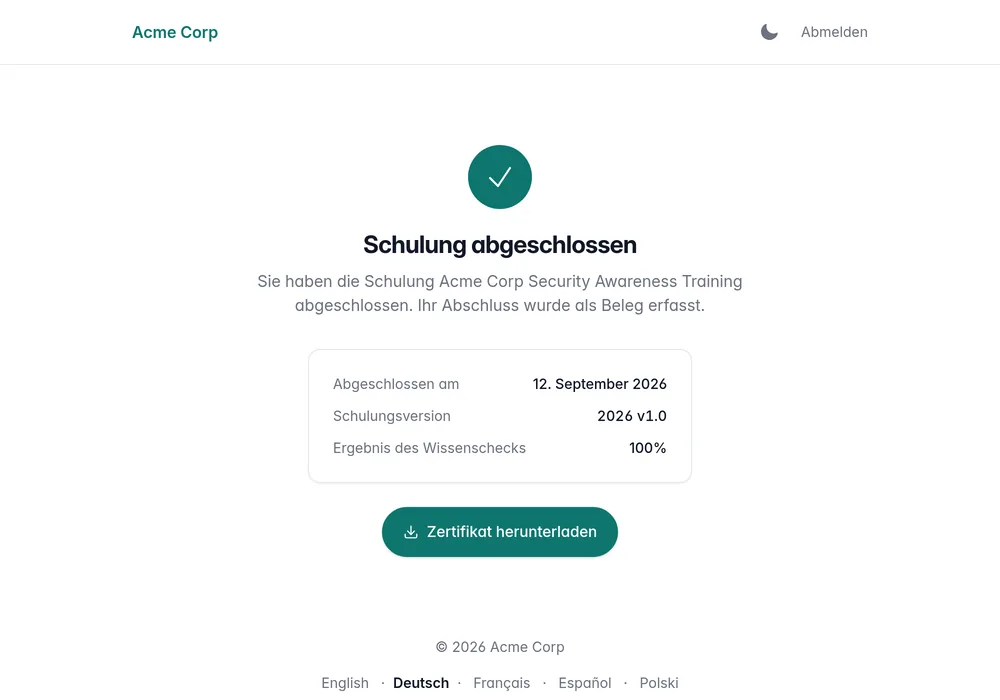 Abschlusszertifikat mit dem Namen des Teilnehmers und der absolvierten Foliensatz-Version