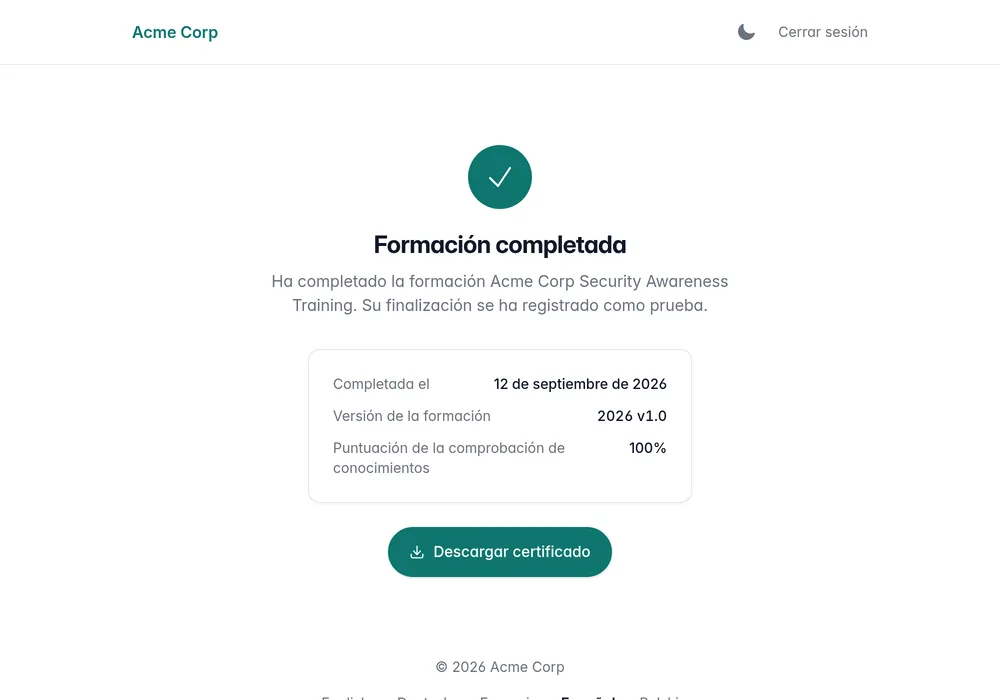 Certificado de finalización con el nombre del participante y la versión de la presentación que completó