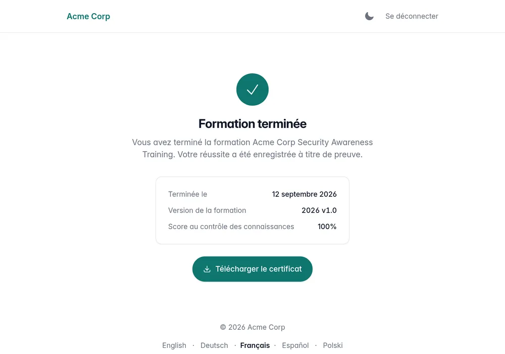 Certificat d'achèvement avec le nom du participant et la version du support suivi