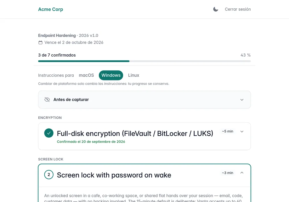 Portal con la marca de la empresa: una barra de progreso que indica cuántos elementos están completados, debajo una fila de botones de macOS, Windows y Linux y, más abajo, una pila de tarjetas plegables con la primera desplegada y sus pasos numerados a la vista