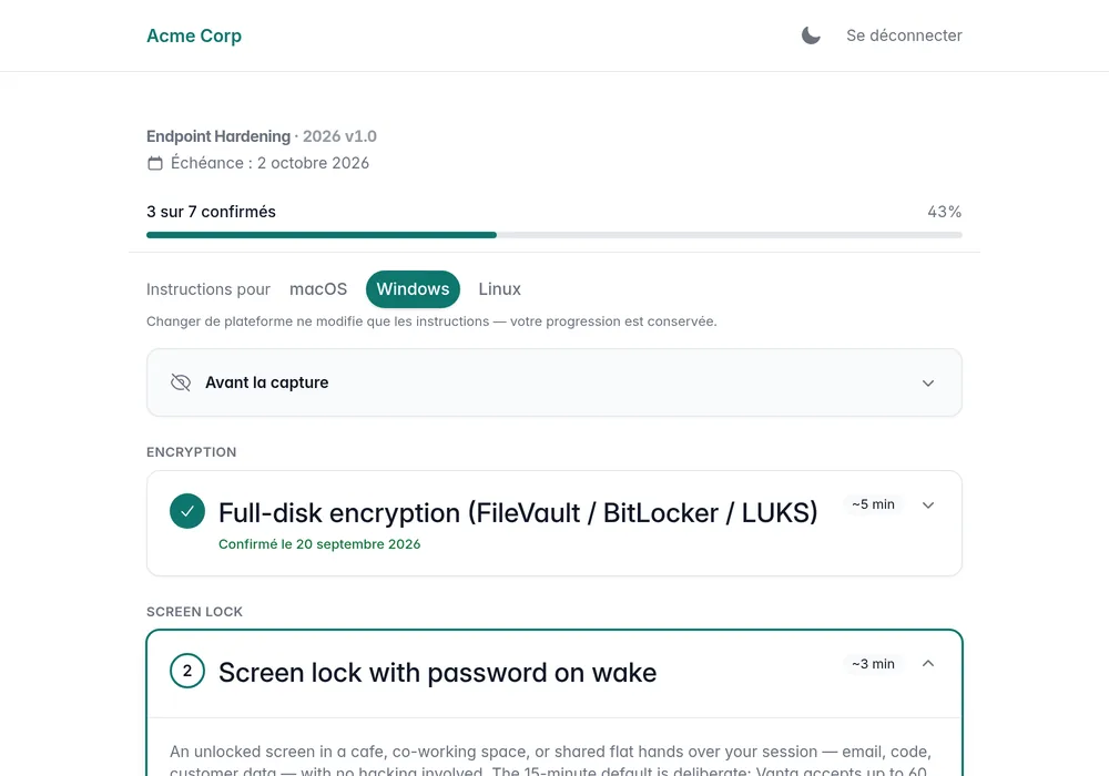 Portail aux couleurs de l'entreprise avec une rangée de boutons macOS, Windows et Linux sous une barre de progression qui compte les éléments terminés, au-dessus d'une pile de cartes dépliables dont la première est ouverte sur ses étapes numérotées