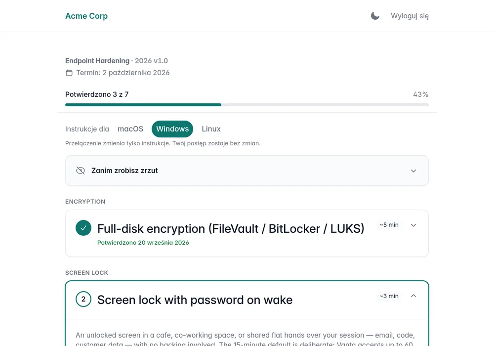 Portal szkoleniowy z logo firmy: pasek postępu z licznikiem ukończonych pozycji, pod nim rząd przycisków macOS, Windows i Linux, a niżej stos zwijanych kart, z których pierwsza jest rozwinięta i pokazuje ponumerowane kroki