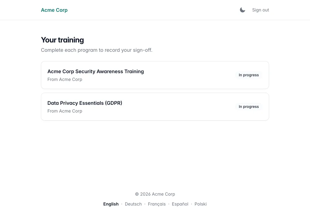 Participant's course list on a company-branded training portal, with progress for each enrollment