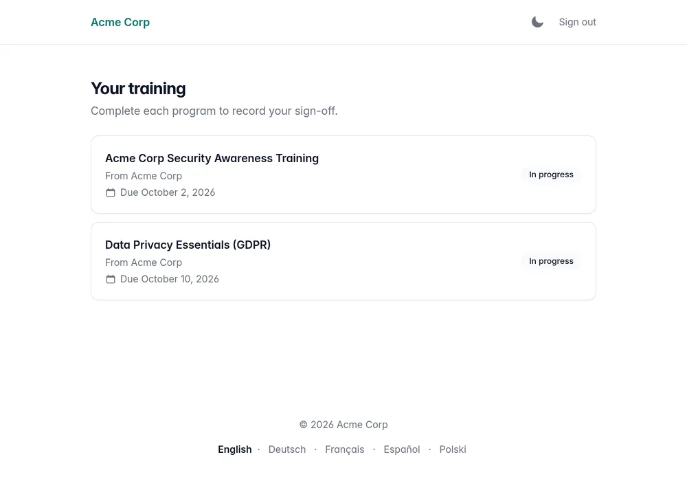 Participant's course list on a company-branded training portal, with progress for each enrollment