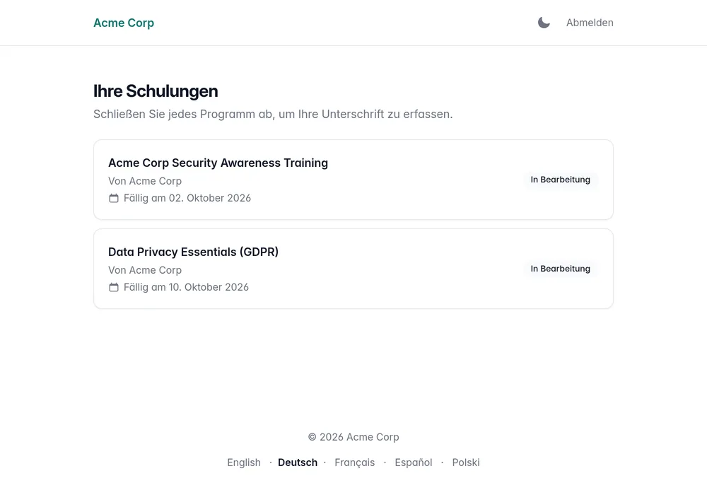 Kursliste eines Teilnehmers auf einem Trainingsportal im Firmen-Branding, mit Fortschritt für jede Anmeldung