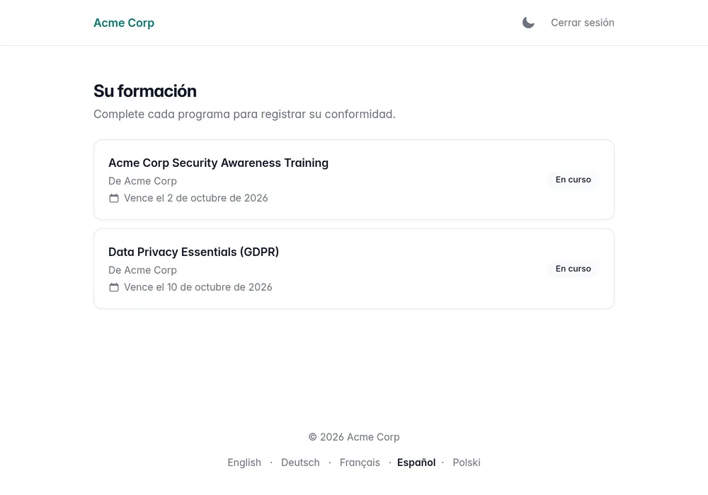 Lista de cursos del participante en un portal de formación con la marca de la empresa, con el progreso de cada inscripción