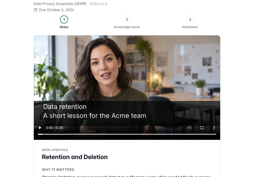 Acme training portal showing Maria's GDPR retention lesson with a video player and lesson content.