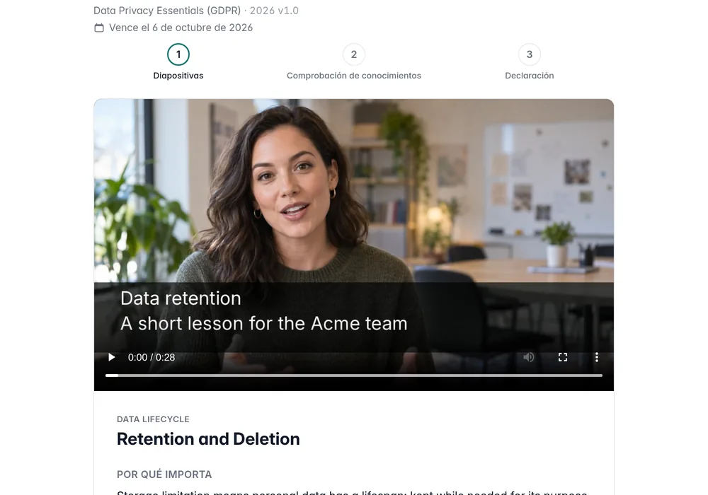 Lección de Maria sobre conservación y eliminación de datos en el portal de formación de Acme, con reproductor de vídeo e instrucciones escritas.