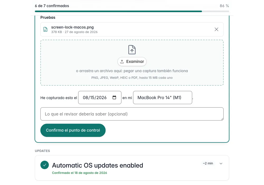 Una persona en formación sube una captura de pantalla como prueba, con la fecha y el nombre del dispositivo.