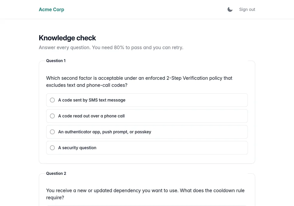Multiple-choice quiz question in the training runner with selectable answers
