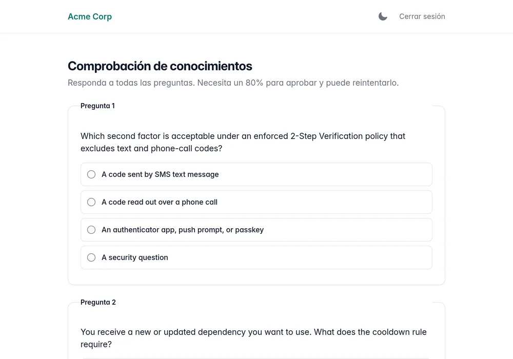 Pregunta tipo test en el reproductor de formación, con respuestas seleccionables