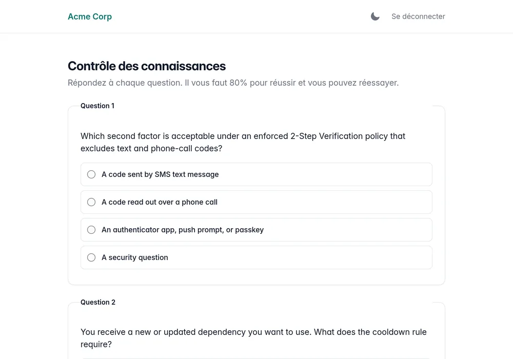 Question de quiz à choix multiples dans le lecteur de formation, avec réponses sélectionnables