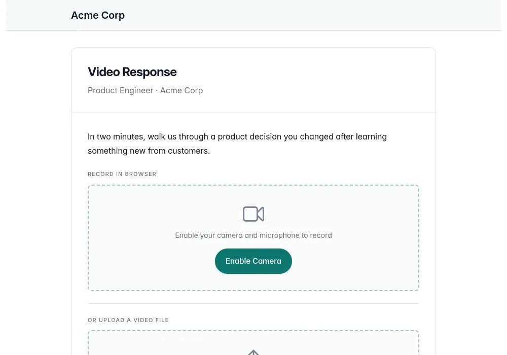 A candidate recording a timed video response to a hiring prompt