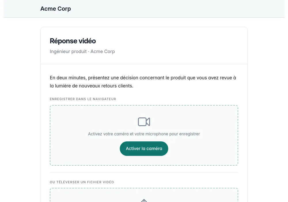 Un candidat enregistre une réponse vidéo minutée à une question de recrutement