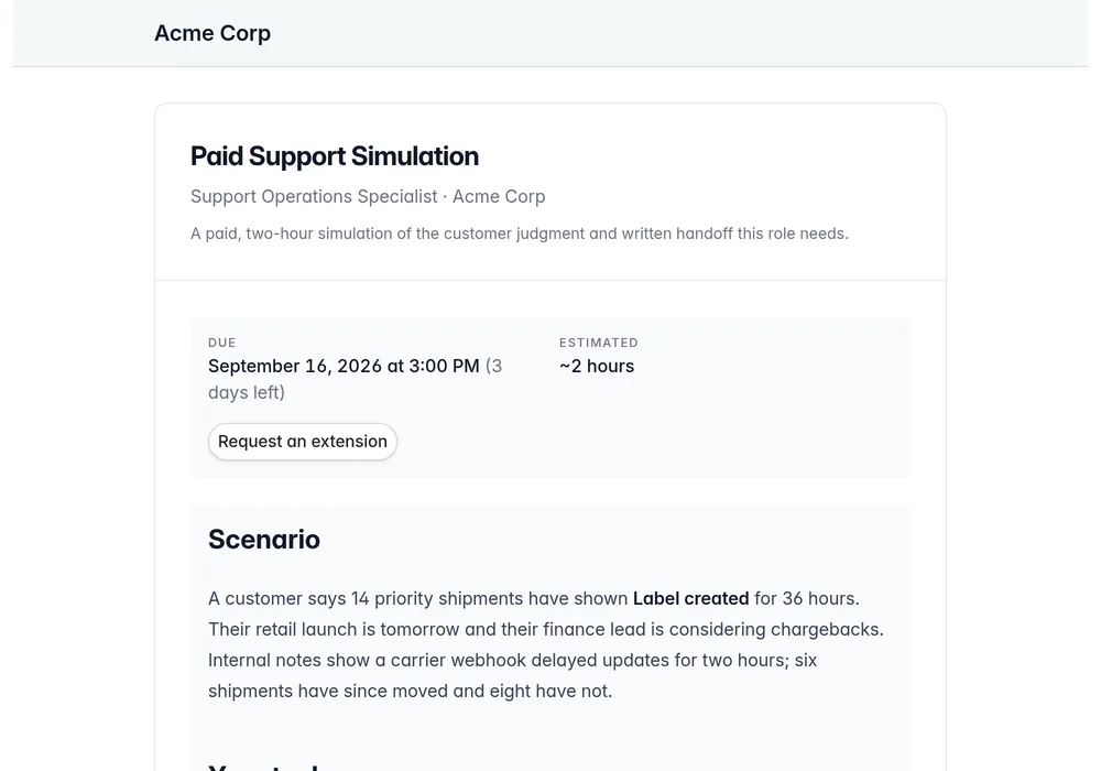 A private work sample with instructions, a deadline, and submission controls