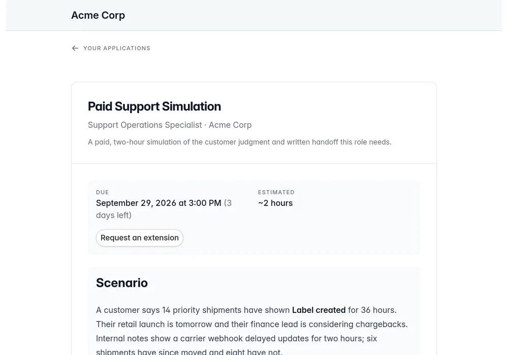 Candidate portal showing a private work sample brief, deadline, and submission controls.