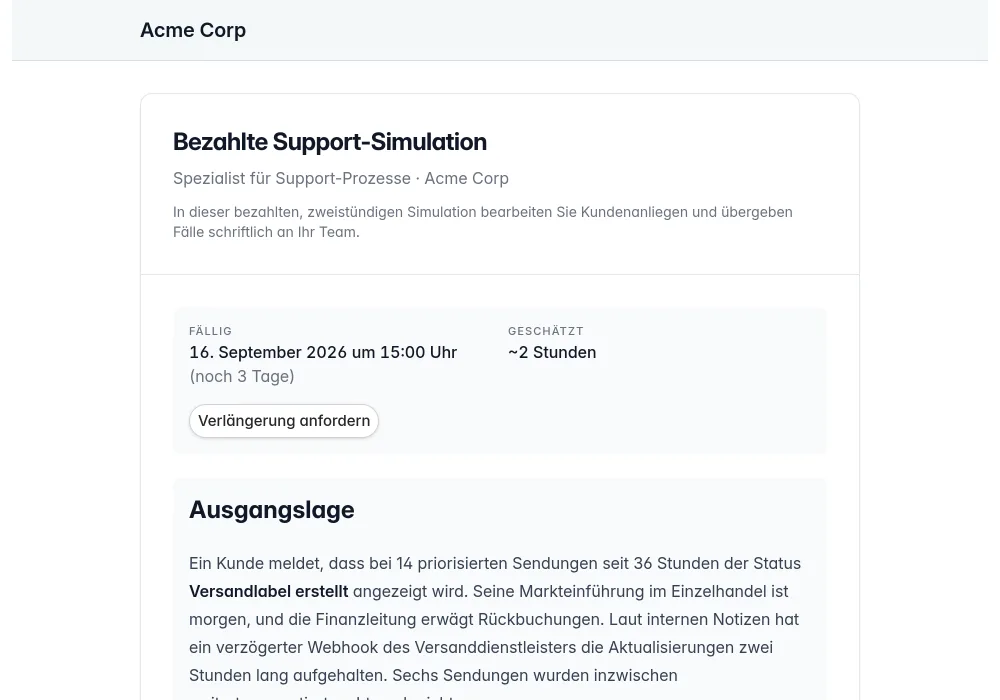 Eine private Arbeitsprobe mit Anweisungen, Frist und Funktionen zur Abgabe