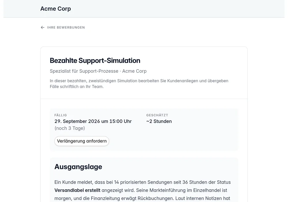 Kandidatenportal mit privater Aufgabenbeschreibung, Abgabefrist und Bedienelementen zum Einreichen einer Arbeitsprobe.