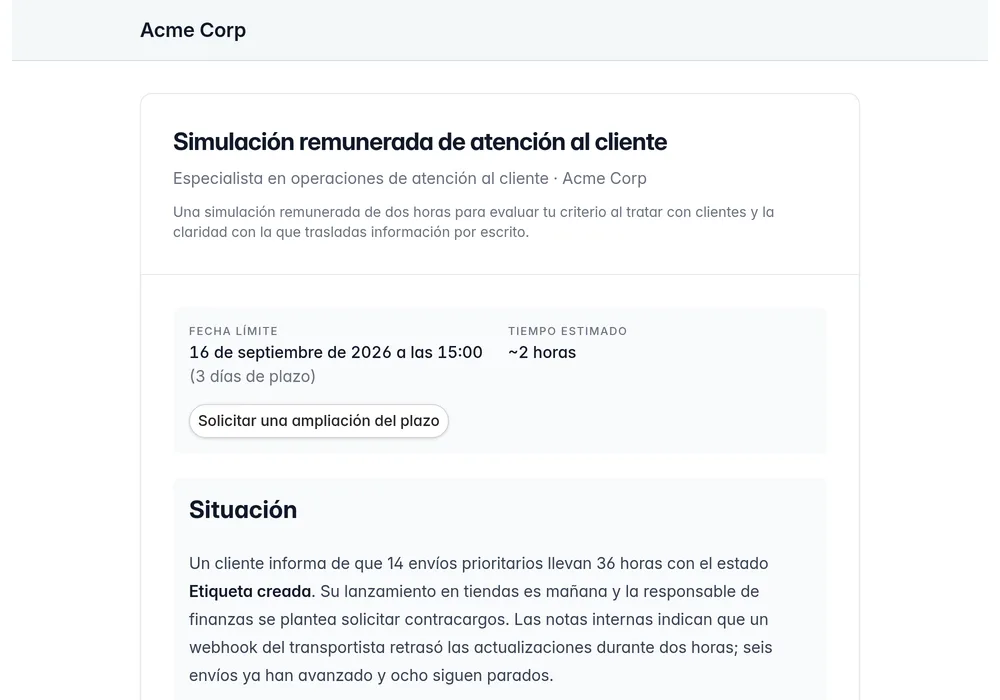 Una prueba práctica privada con instrucciones, plazo y controles de entrega