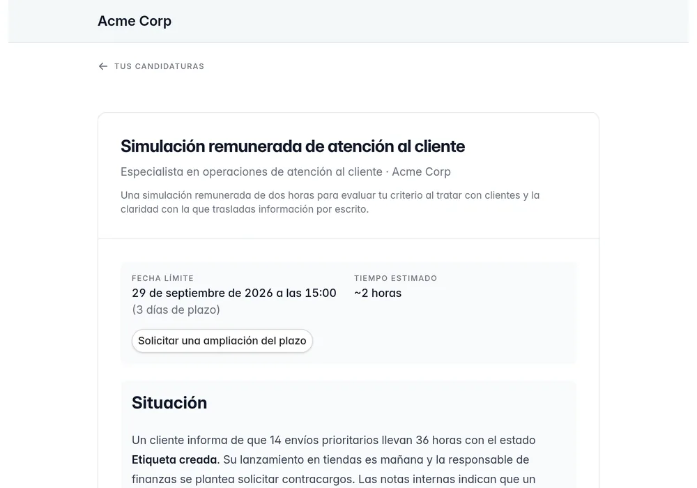 Portal del candidato con el enunciado privado de una prueba práctica, la fecha límite y los controles de entrega.