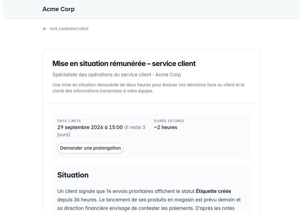 Portail candidat affichant les consignes privées d’une mise en situation, son échéance et les options de dépôt du travail.