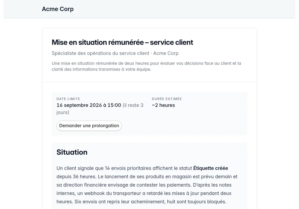 Une mise en situation privée avec consignes, échéance et options de dépôt