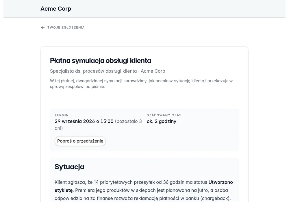 Portal kandydata z prywatnym opisem zadania próbnego, terminem i przyciskami do przesłania pracy.