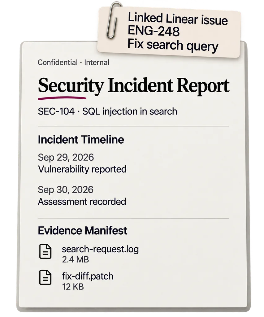English incident PDF for SEC-104, showing the timeline and evidence file list alongside linked Linear issue ENG-248.