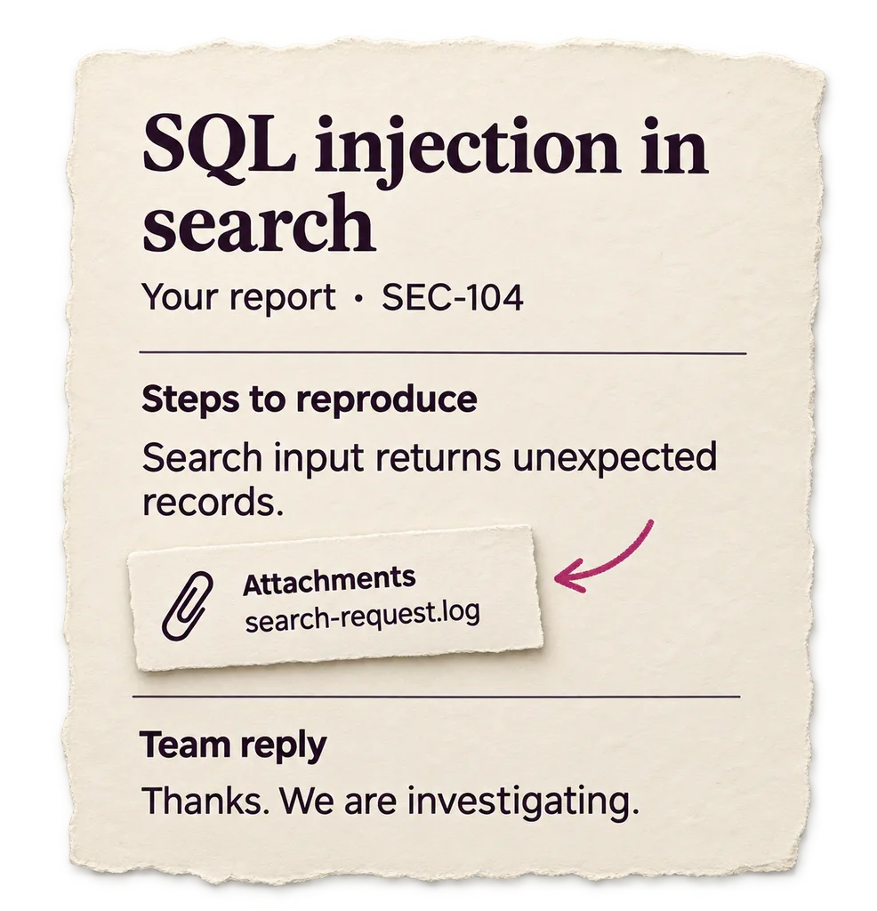 Report SEC-104: SQL injection in search, reproduction steps, the attachment search-request.log, and the team’s reply to the researcher.