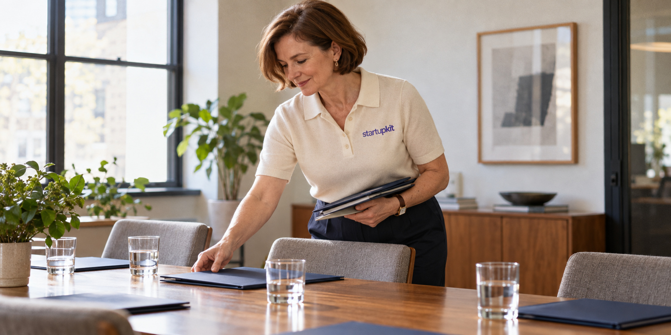 An administrative assistant preparing folders and water glasses in a meeting room
