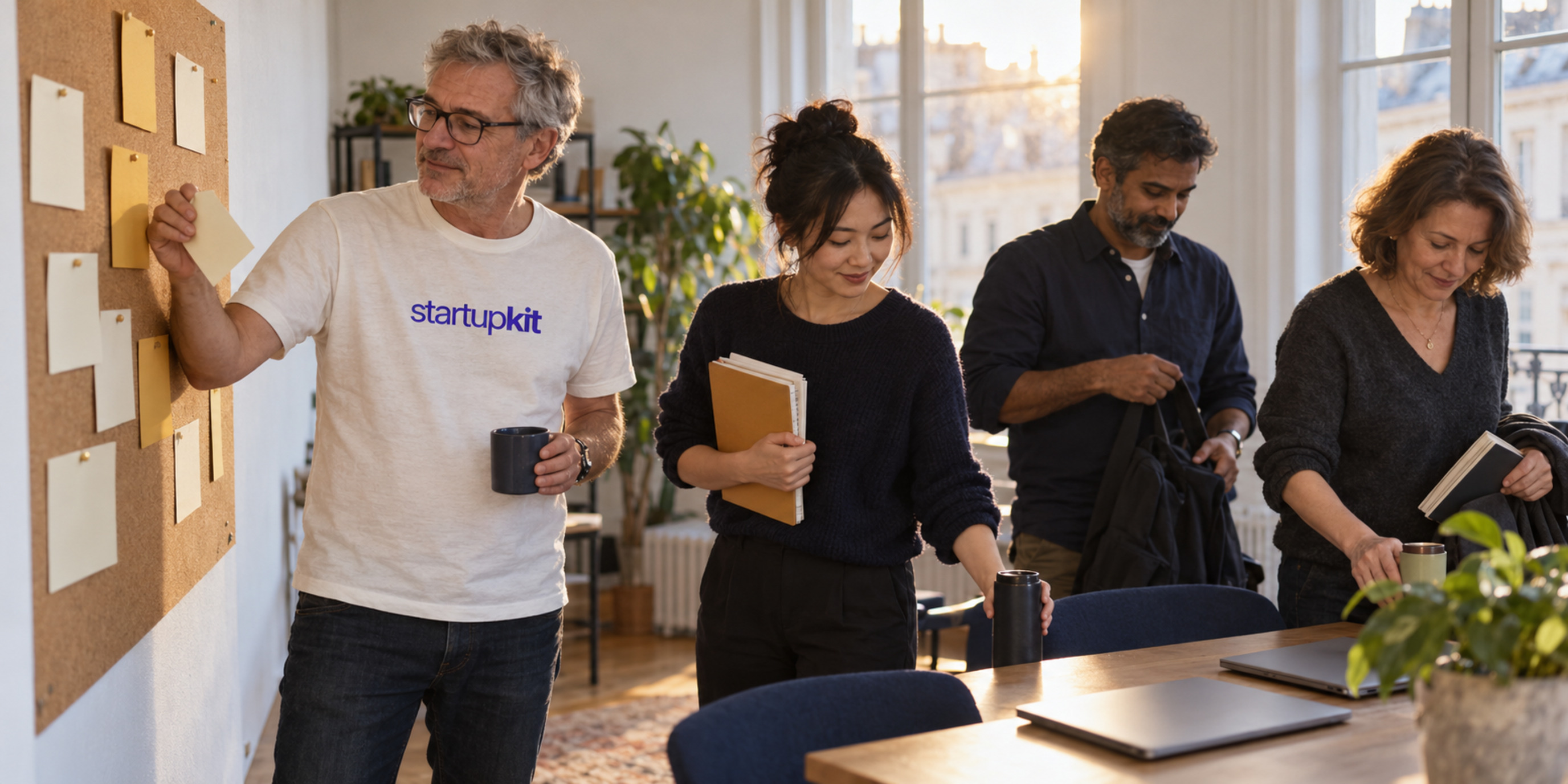Four colleagues packing up beside closed laptops and a paper task board, with one wearing a startupkit shirt