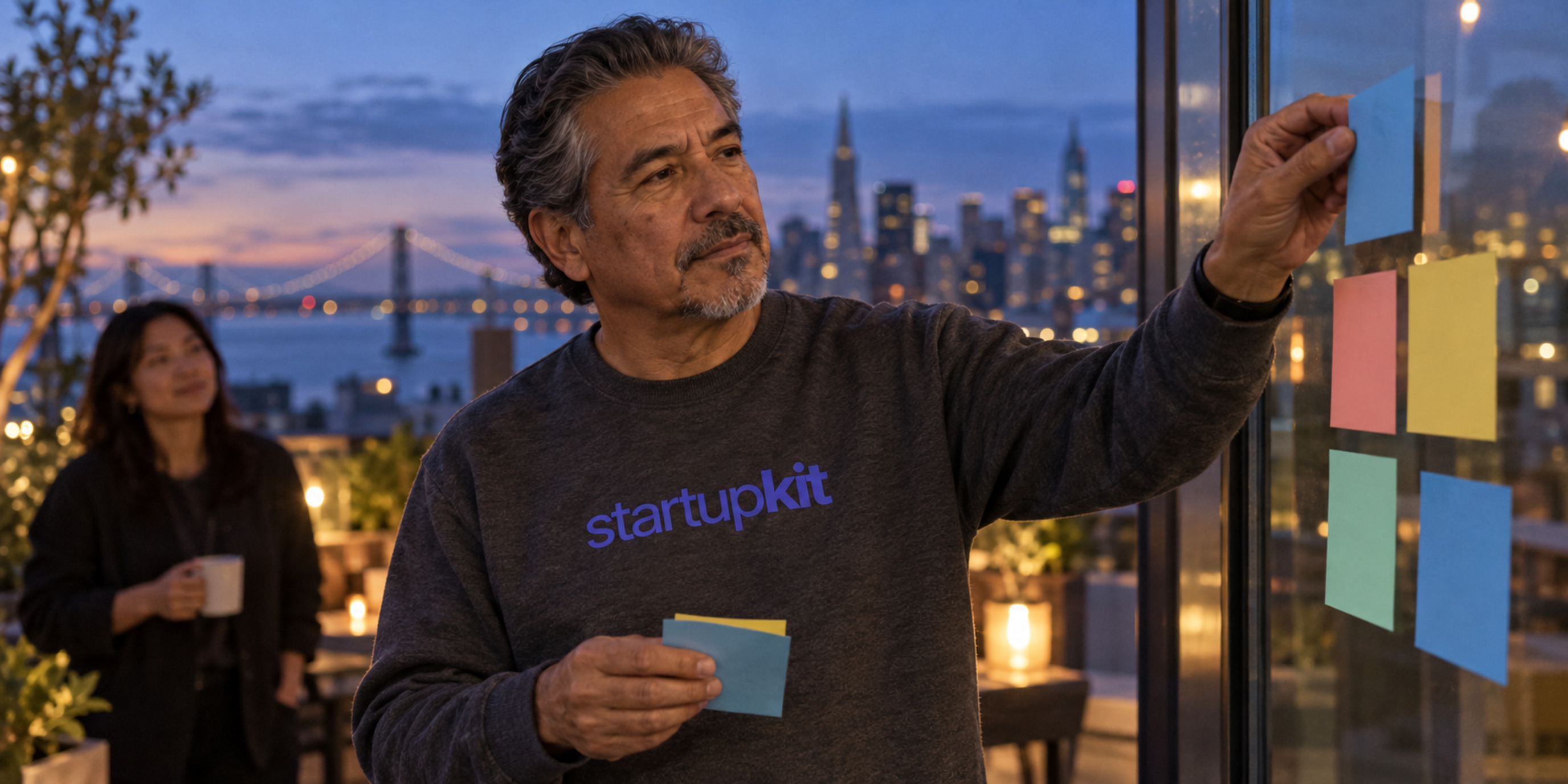 Gray-haired male product lead in a StartupKit shirt reviewing sticky notes on a rooftop wall