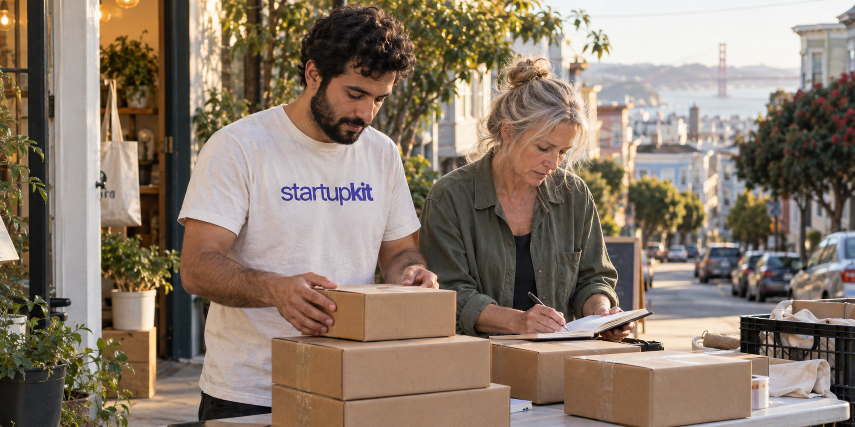 A male founder and an older female colleague count cartons beside a notebook outside a small San Francisco shop.