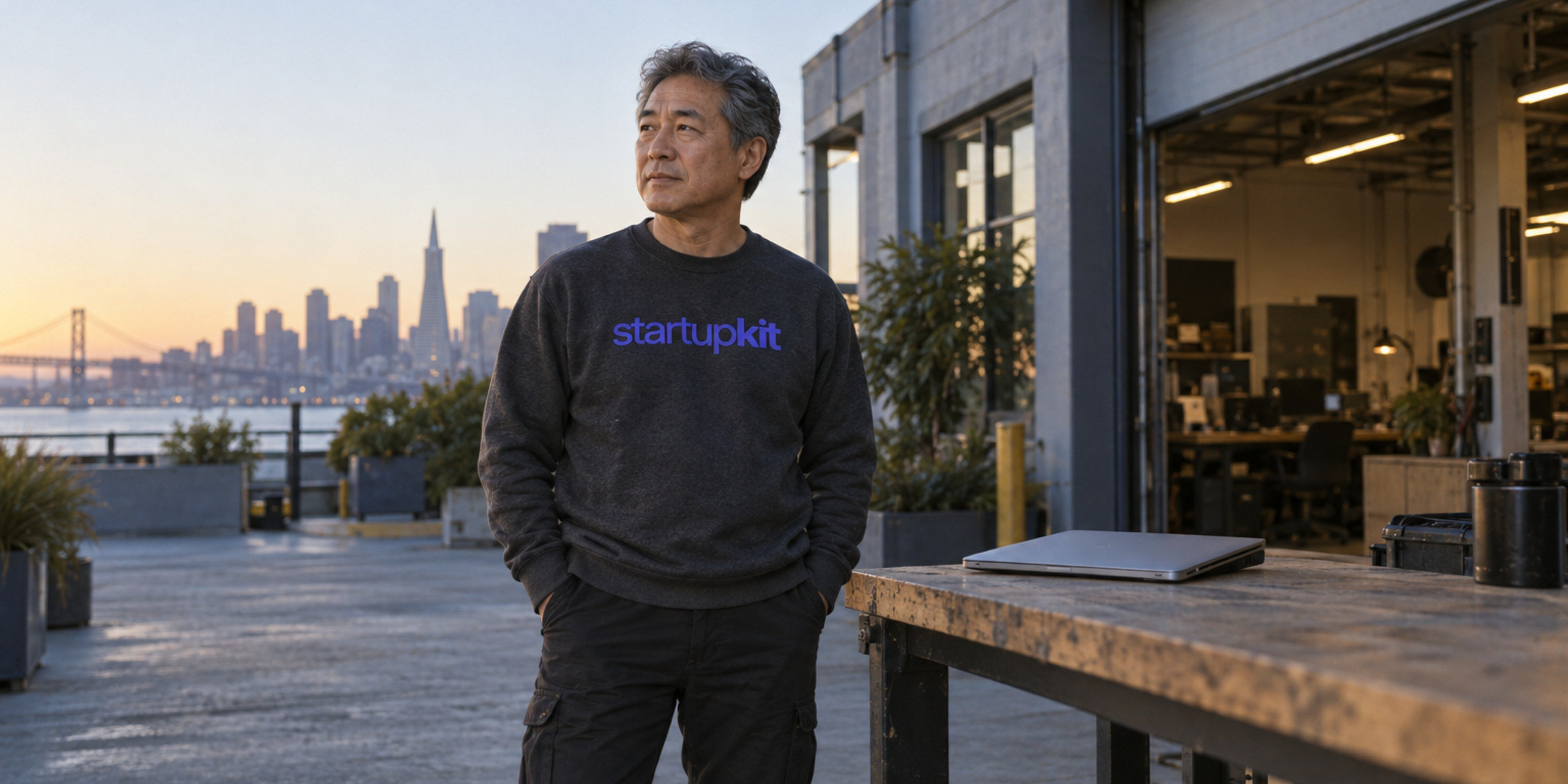 An older security lead outside a San Francisco startup garage beside a closed laptop, wearing a startupkit sweatshirt