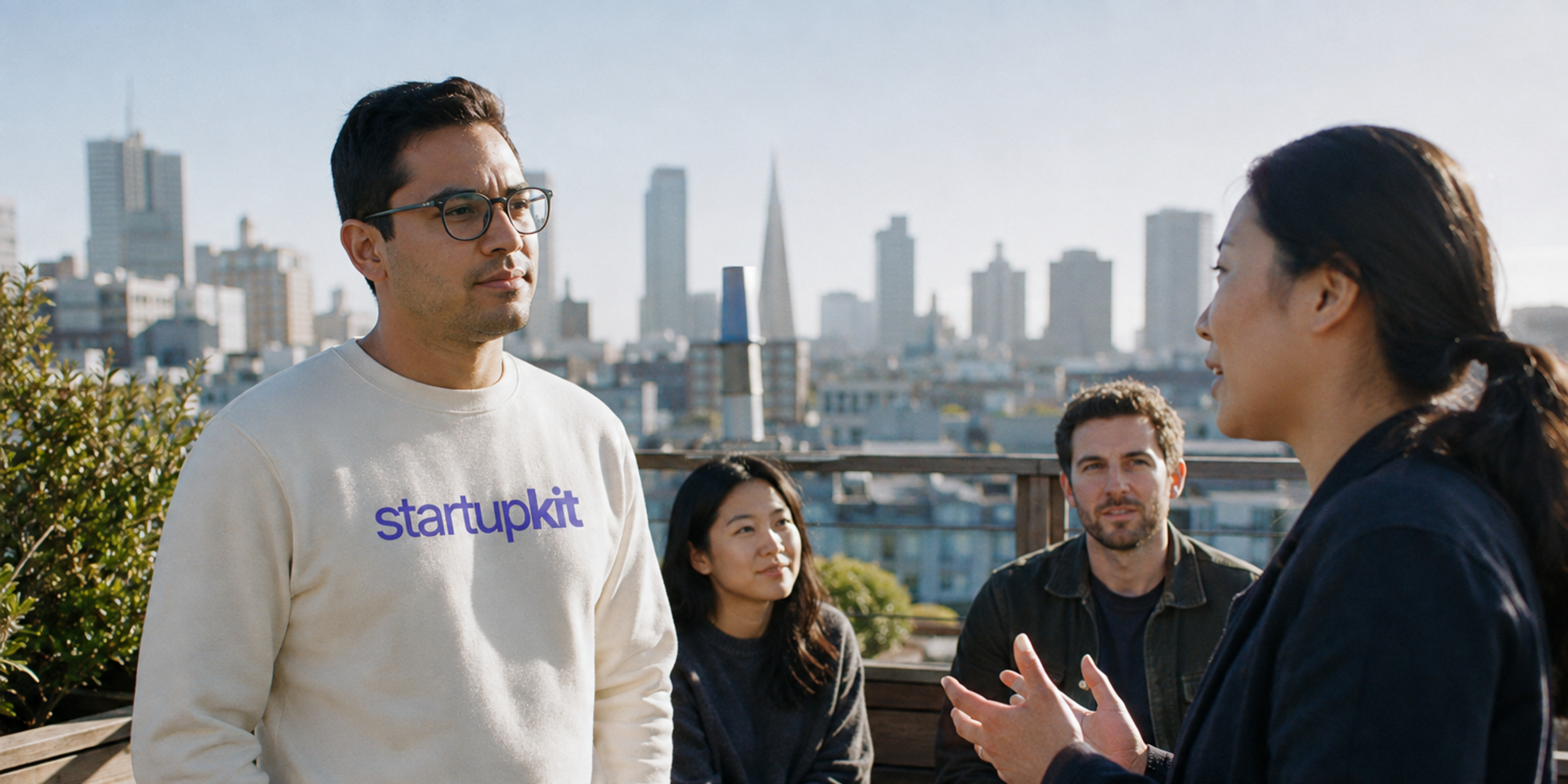 Four startup colleagues discuss work decisions on a San Francisco rooftop.