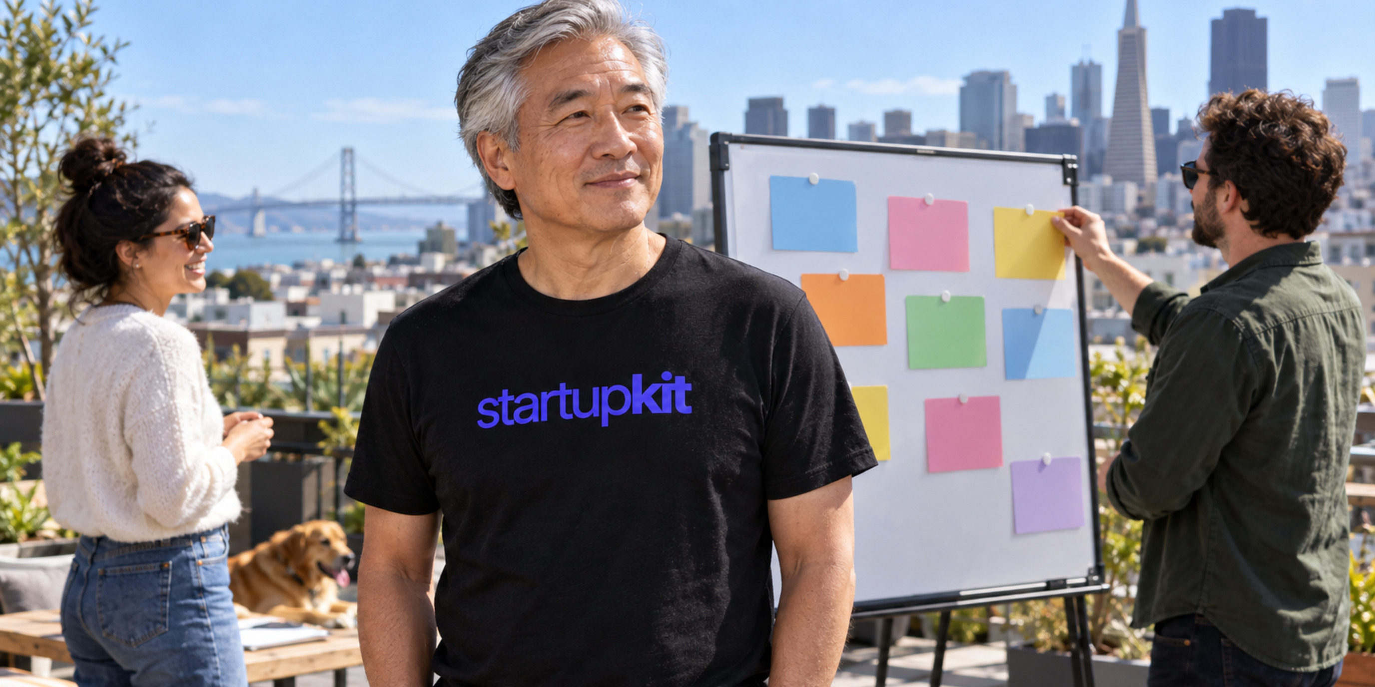 An older East Asian founder in a startupkit T-shirt discusses blank task cards with two colleagues on a San Francisco rooftop.